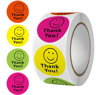 Etiquetas de agradecimento redondas coloridas à prova d'água CMYK 1 polegada rosto sorridente